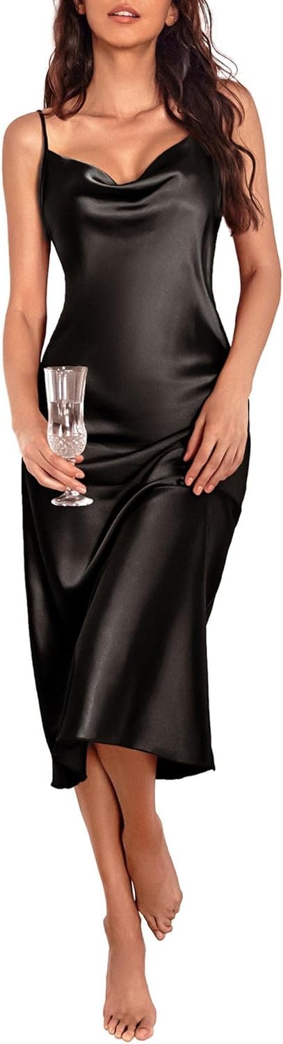 Womens Satin Nightgown Sexy Lingerie Sleepwear Spaghetti Strap Cowl Neck Elegant Long Slip Satin Silk Midi Dress