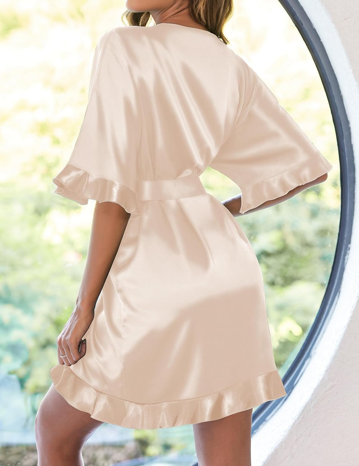 Womens Silk Ruffle Robe Short Satin Kimono Robe Half Sleeve Bathrobe Bridesmaid Wedding Party Dressing Gown - Image 2