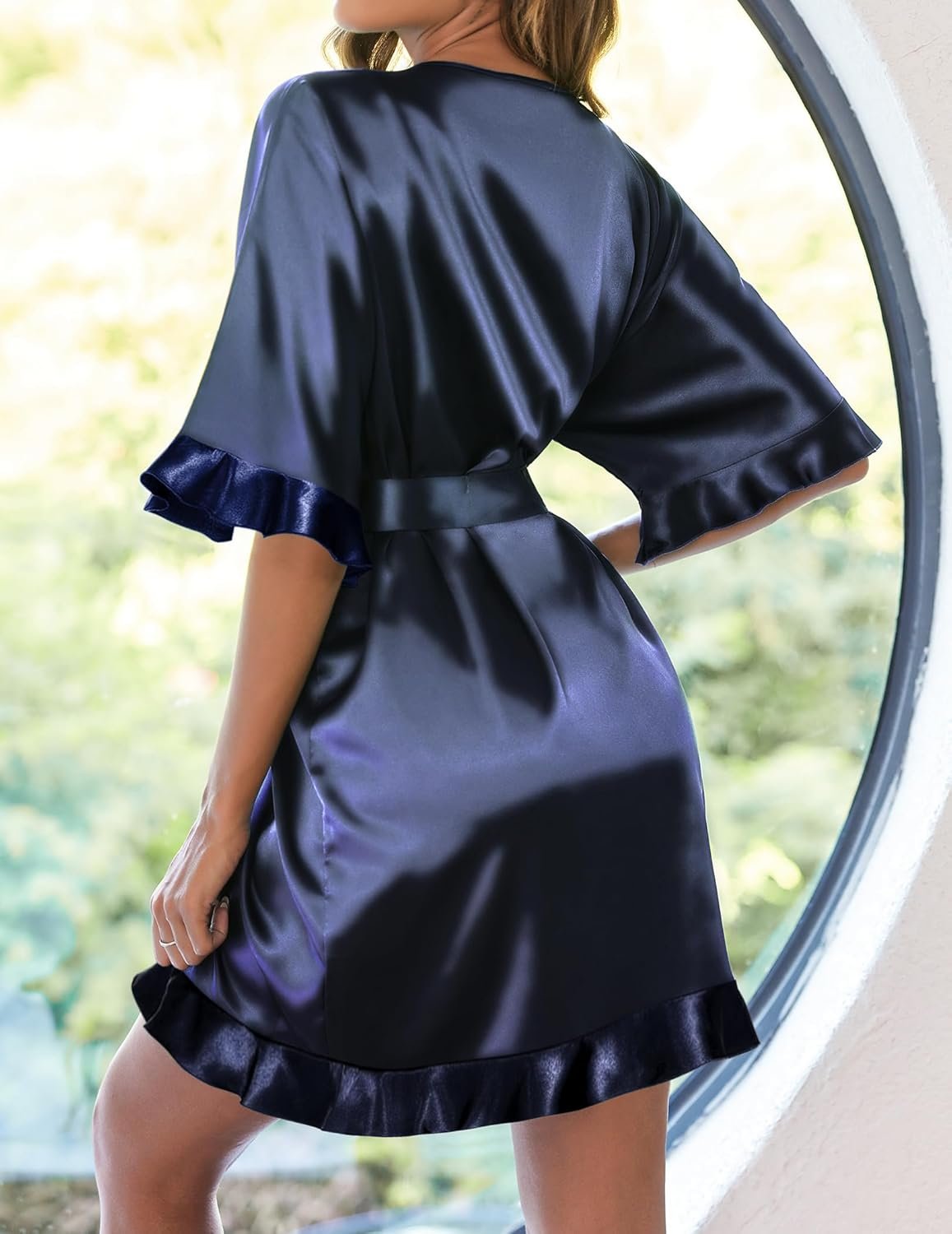 Womens Silk Ruffle Robe Short Satin Kimono Robe Half Sleeve Bathrobe Bridesmaid Wedding Party Dressing Gown - Image 2